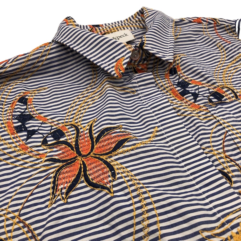Peck & Peck Button Shirt Womens M Striped Floral Geometric Embroider 3/4 Sleeve